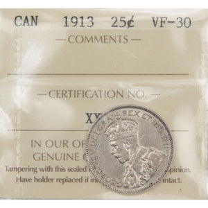 Canada 1913 25 Cents Quarter Silver Coin - ICCS VF-30