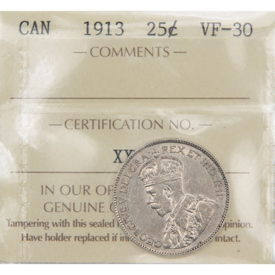 Front of ICCS protective flip holder for a Canada 1913 25 Cents silver quarter coin (Grade Very Fine-30, SKU: XXM 764), displaying the official ICCS certification insert with grade and serial number above the coin.