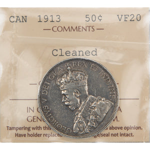 Canada 1913 50 Cents Half Dollar Silver Coin - ICCS VF-20 (cleaned)