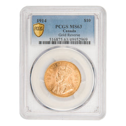 Front of PCGS protective slab encapsulation holder for a Canada 1914 $10 Ten Dollars gold coin (Grade MS-63, Canada Gold Reserve provenance, SKU: 49952969), displaying the official PCGS label with grade, pedigree designation, serial number, and barcode above the coin.
