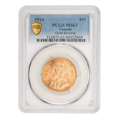 Front of PCGS protective slab encapsulation holder for a Canada 1914 $10 Ten Dollars gold coin (Grade MS-63, Canada Gold Reserve provenance, SKU: 49952969), displaying the official PCGS label with grade, pedigree designation, serial number, and barcode above the coin.