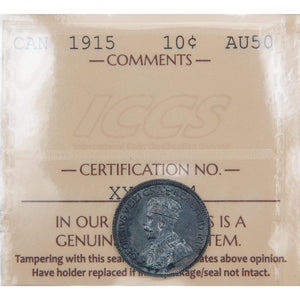 Canada 1915 10 Cents Dime Silver Coin - ICCS AU-50