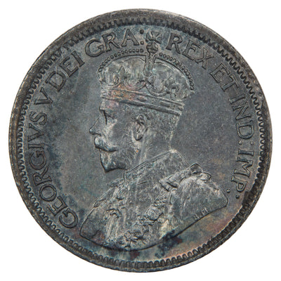 Obverse of a Canada 1915 10 Cents Dime Silver coin (ICCS AU-50, SKU: XXK 744), featuring the crowned profile portrait of King George V facing left in coronation robes, surrounded by GEORGIVS V DEI GRA: REX ET IND: IMP:.