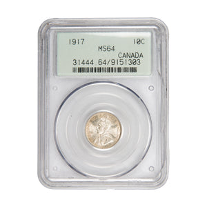 Canada 1917 10 Cents Dime Silver Coin - PCGS MS-64