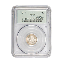 Front of PCGS protective slab encapsulation holder for a Canada 1917 10 Cents Dime silver coin (Grade MS-64, SKU: 9151303), displaying the official PCGS certification label with PCGS logo, grade, coin description, and barcode above the coin.