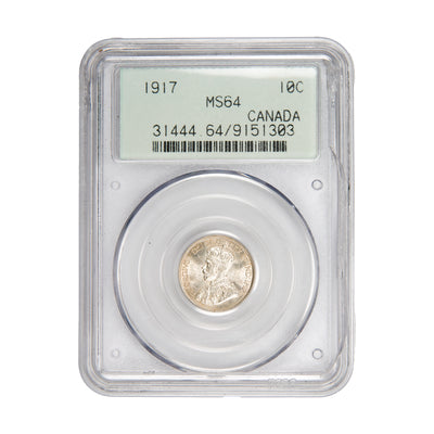 Front of PCGS protective slab encapsulation holder for a Canada 1917 10 Cents Dime silver coin (Grade MS-64, SKU: 9151303), displaying the official PCGS certification label with PCGS logo, grade, coin description, and barcode above the coin.