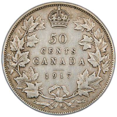 Reverse of a Dominion of Canada 1917 50 Cents silver coin (SKU: SP2869) in Very Fine condition, displaying the denomination 50 CENTS and date 1917 crowned at the top, enclosed within a tied maple leaf wreath.