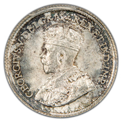 Close-up view of King George V crowned portrait on Canada 1919 5 Cents silver coin, PCGS certification 5068899 showing gem mint state luster.