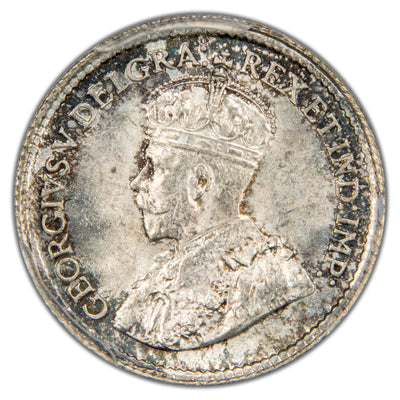 Close-up view of King George V crowned portrait on Canada 1919 5 Cents silver coin, PCGS certification 5068899 showing gem mint state luster.