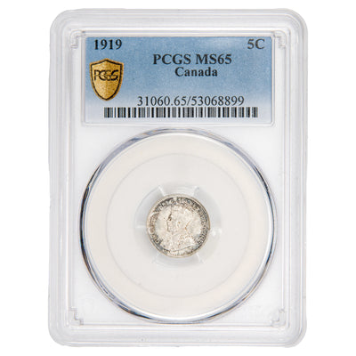 Canada 1919 5 Cents silver coin graded PCGS MS-65, certificate number 5068899, full obverse view in slab showing King George V profile.