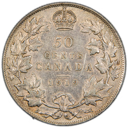 Reverse of a Dominion of Canada 1919 50 Cents silver coin (SKU: SP2868) in Very Fine/Extremely Fine condition, displaying the denomination 50 CENTS and date 1919 crowned at the top, enclosed within a tied maple leaf wreath.
