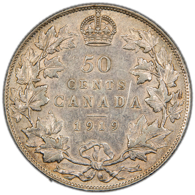 Reverse of a Dominion of Canada 1919 50 Cents silver coin (SKU: SP2868) in Very Fine/Extremely Fine condition, displaying the denomination 50 CENTS and date 1919 crowned at the top, enclosed within a tied maple leaf wreath.