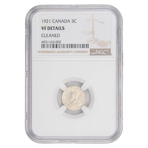 Canada 1921 5 Cents Silver Coin Key Date! - NGC VF Details Cleaned