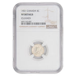 Front of NGC protective slab encapsulation holder for a Canada 1921 5 Cents Silver key date coin (Grade VF Details - Cleaned, SKU: 6931163-002), displaying the official NGC certification label with grade, details notation, serial number, and barcode above the coin.