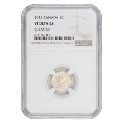 Front of NGC protective slab encapsulation holder for a Canada 1921 5 Cents Silver key date coin (Grade VF Details - Cleaned, SKU: 6931163-002), displaying the official NGC certification label with grade, details notation, serial number, and barcode above the coin.