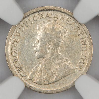 Obverse of a Canada 1921 5 Cents Silver key date coin (NGC VF Details - Cleaned, SKU: 6931163-002), featuring the crowned profile portrait of King George V facing left, surrounded by GEORGIUS V DEI GRA: REX ET IND: IMP:.