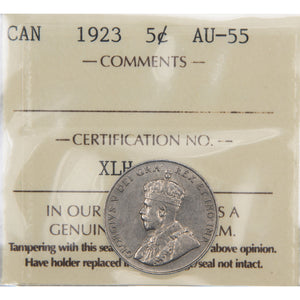 Canada 1923 5 Cents Nickel Coin - ICCS AU-55