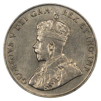 Obverse of a Canada 1923 5 Cents nickel coin (ICCS AU-55, SKU: XLH 793), featuring the crowned profile portrait of King George V facing left in coronation robes, surrounded by GEORGIVS V DEI GRA: REX ET IND: IMP:.