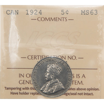 Front of ICCS protective flip holder for a Canada 1924 5 Cents nickel coin (Grade MS-63, SKU: XXV 921), displaying the official ICCS certification insert with grade and serial number above the coin.