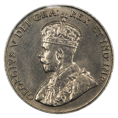 Obverse of a Canada 1924 5 Cents nickel coin (ICCS MS-63, SKU: XXV 921), featuring the crowned profile portrait of King George V facing left in coronation robes, surrounded by GEORGIVS V DEI GRA: REX ET IND: IMP:.