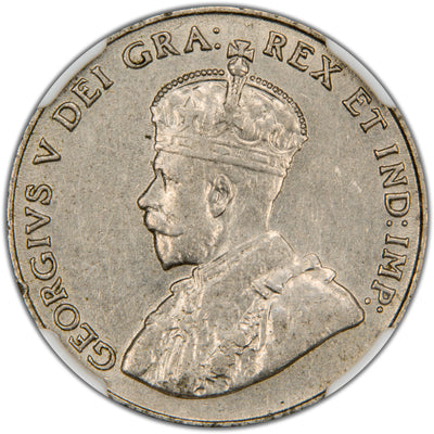 Close-up view of King George V crowned portrait on key date Canada 1925 5 Cents nickel coin, NGC certification 3882026-006.