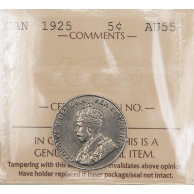 Front of ICCS protective flip holder for a Canada 1925 key date 5 Cents nickel coin (Grade About Uncirculated-55, SKU: XUJ 060), displaying the official ICCS certification insert with grade and serial number above the coin.