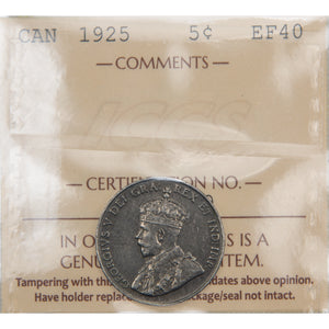 Canada 1925 5 Cents Nickel Coin Key Date! - ICCS EF-40