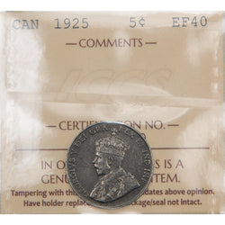 Front of ICCS protective slab encapsulation holder for a Canada 1925 5 Cents Nickel coin Key Date (Grade EF-40, SKU: XXV 919), displaying the official ICCS yellow certification insert label with grade, key date designation, and serial number above the coin.