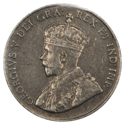 Obverse of a Canada 1925 5 Cents Nickel coin Key Date (ICCS EF-40, SKU: XXV 919), featuring the crowned profile portrait of King George V facing left in coronation robes, surrounded by GEORGIVS V DEI GRA: REX ET IND: IMP:.