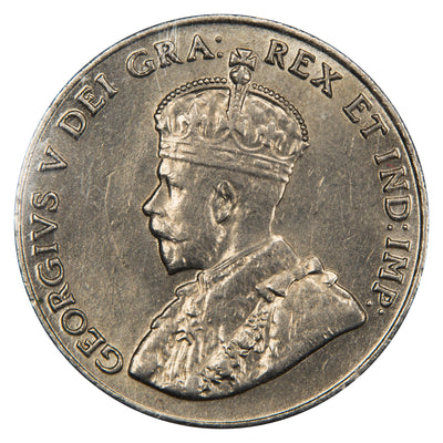 Obverse of a Canada 1925 5 Cents nickel coin (ICCS AU-55, SKU: XUJ 060), featuring the crowned profile portrait of King George V facing left in coronation robes, surrounded by GEORGIVS V DEI GRA: REX ET IND: IMP:.
