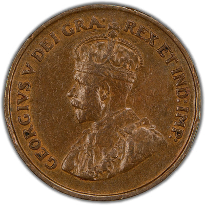 Obverse of a key-date Canada 1925 1 Cent bronze coin (SKU: SP2835) in Very Fine condition, featuring the crowned crowned bust portrait of King George V wearing coronation robes facing left, surrounded by the Latin legend GEORGIVS V DEI GRA: REX ET IND:IMP:.