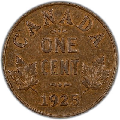 Reverse of a key-date Canada 1925 1 Cent bronze coin (SKU: SP2835) in Very Fine condition, displaying the denomination 1 CENT and date 1925 centered between two stylized maple leaves linked at the stem, with CANADA above.