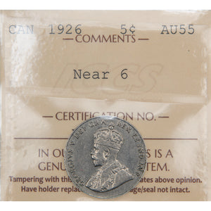 Canada 1926 Near 6 5 Cents Nickel Coin - ICCS AU-55