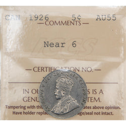 Front of ICCS protective slab encapsulation holder for a Canada 1926 Near 6 5 Cents Nickel coin (Grade AU-55, SKU: XMZ 532), displaying the official ICCS yellow certification insert label with grade, variety designation, and serial number above the coin.