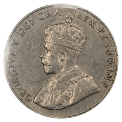 Obverse of a Canada 1926 Near 6 5 Cents Nickel coin (ICCS AU-55, SKU: XMZ 532), featuring the crowned profile portrait of King George V facing left in coronation robes, surrounded by GEORGIVS V DEI GRA: REX ET IND: IMP:.