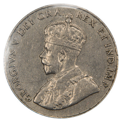 Obverse of a Canada 1926 Near 6 5 Cents Nickel coin (ICCS AU-55, SKU: XMZ 532), featuring the crowned profile portrait of King George V facing left in coronation robes, surrounded by GEORGIVS V DEI GRA: REX ET IND: IMP:.