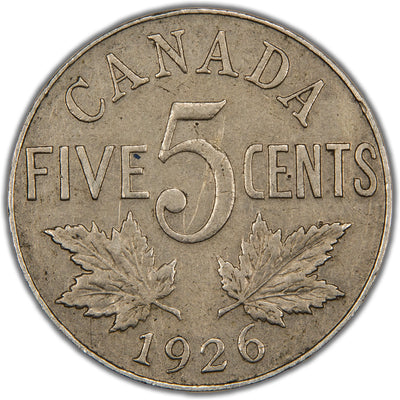 Reverse of a key-variety Canada 1926 5 Cents nickel coin (Near 6 variety, SKU: SP2848) in Very Fine condition showing light scratches, displaying the denomination 5 CENTS and date 1926 with the 6 numeral clearly near the maple leaf, surrounded by a maple wreath and CANADA above.