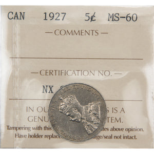 Canada 1927 5 Cents Nickel Coin - ICCS MS-60