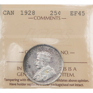 Canada 1928 25 Cents Quarter Silver Coin - ICCS EF-45