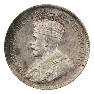 Obverse of a Canada 1928 25 Cents silver quarter coin (ICCS EF-45, SKU: XBI 289), featuring the crowned profile portrait of King George V facing left in coronation robes, surrounded by GEORGIVS V DEI GRA: REX ET IND: IMP:.
