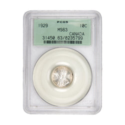 Front of PCGS protective slab encapsulation holder for a Canada 1929 10 Cents Dime silver coin (Grade MS-63, SKU: 8235799), displaying the official PCGS certification label with PCGS logo, grade, coin description, and barcode above the coin.