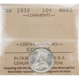Canada 1930 Cents Dime Silver Coin - ICCS MS-63