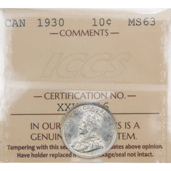 Front of ICCS protective slab encapsulation holder for a Canada 1930 10 Cents Dime Silver coin (Grade MS-63, SKU: XXV 936), displaying the official ICCS yellow certification insert label with grade, serial number, and certification details above the coin.