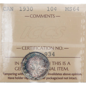 Canada 1930 Cents Dime Silver Coin - ICCS MS-64