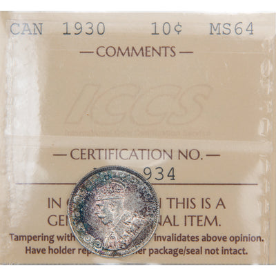 Front of ICCS protective slab encapsulation holder for a Canada 1930 10 Cents Dime Silver coin (Grade MS-64, SKU: XXV 934), displaying the official ICCS yellow certification insert label with grade, serial number, and certification details above the coin.