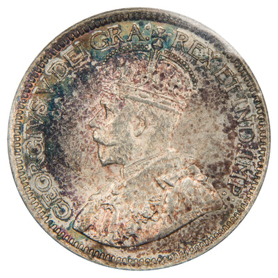 Obverse of a Canada 1930 10 Cents Dime Silver coin (ICCS MS-64, SKU: XXV 934), featuring the crowned profile portrait of King George V facing left in coronation robes, surrounded by GEORGIVS V DEI GRA: REX ET IND: IMP:.