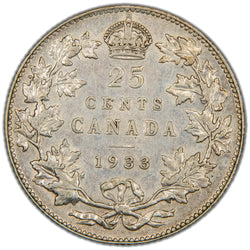 Reverse of a key rare-date Dominion of Canada 1933 25 Cents silver coin (SKU: SP2864) in Very Fine/Extremely Fine condition, displaying the denomination 25 CENTS and low-mintage date 1933 crowned at the top, enclosed within a tied maple leaf wreath.