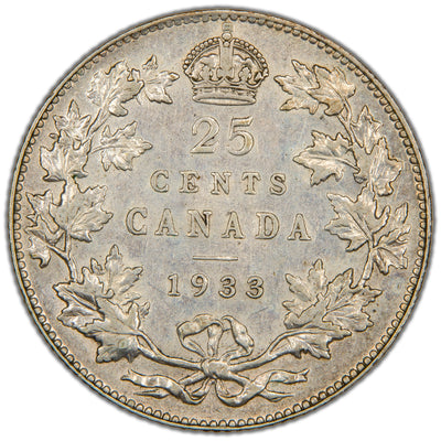 Reverse of a key rare-date Dominion of Canada 1933 25 Cents silver coin (SKU: SP2864) in Very Fine/Extremely Fine condition, displaying the denomination 25 CENTS and low-mintage date 1933 crowned at the top, enclosed within a tied maple leaf wreath.