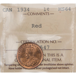 Canada 1934 1 Small Cent Coin - ICCS MS-64 Red