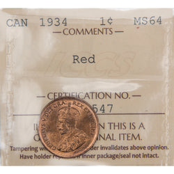 Front of ICCS protective slab encapsulation holder for a Canada 1934 1 Small Cent coin (Grade MS-64 Red, SKU: XBR 547), displaying the official ICCS yellow certification insert label with grade, color designation, and serial number above the coin.